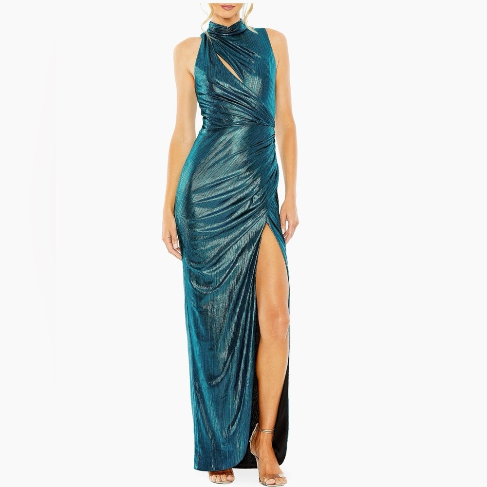 Ienna for MacDuggal Blue Peacock Metallic High Neck Formal Dress Size 10
